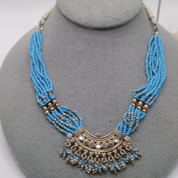 Turquoise Seed Bead Rhinestone Pendant 26" Necklace, Dangle Post Earrings 1 3/4" - Picture 6 of 8